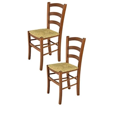 Abbildung von t m c s Tommychairs 2er Set Stühle Venice für Küche und Esszimmer, robuste Struktur aus lackiertem Buchenholz im Farbton Helles Nussbraun Sitzfläche Stroh