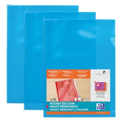 Abbildung von OXFORD 100 Stück Ecktaschen, hohe Widerstandsfähigkeit, A4, PVC, glatt, Dicke 15/100, Blau