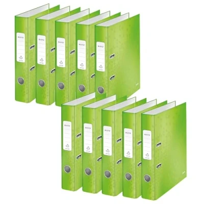 Abbildung von Leitz Qualitäts Ordner 180, 10er Pack, A4, schmal, 5,2 cm Rückenbreite, laminierte Graupappe, Grün, WOW Serie, 10060054