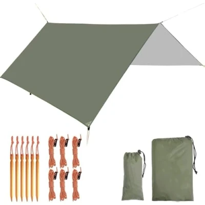 Abbildung von Tarp, Zeltplane für Hängematte, 3m x Wasserdicht Tarp mit Ösen + 6 Erdnägel+ Seilen, Regenschutz Sonnenschutz Hammock Zeltunterlage Ourdoor Camping
