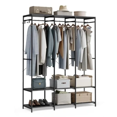 Abbildung von SONGMICS Kleiderschrank offen, Kleiderständer, Garderobenständer, Garderobe mit Kleiderstange, Ablagen, abnehmbare Haken, 40 x 141 180 cm, ebenholzschwarz RGR005B56