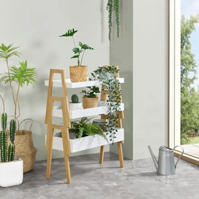 Abbildung von [en.casa] Pflanzenregal Hitra Stapelregal aus Bambus 3 TLG. Blumenregal Standregal mit Ablagen Weiß Pflanztisch 85 x 65 30 cm Bambusregal stehend