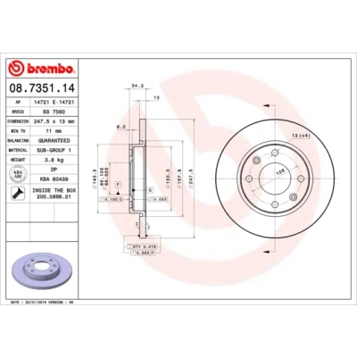 Abbildung von BREMBO 08.7351.14 Bremsscheibe 247 13 4 voll mit Schrauben PEUGEOT: 206 SW, CITROËN: Xsara Schrägheck, Kombi, Coupe