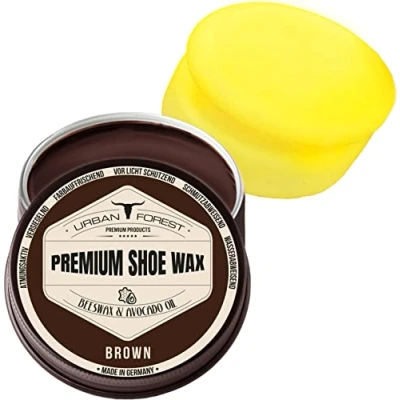 Abbildung von SPARSET Schuhcreme Schuhwachs Braun mit Bienenwachs &amp; Avocado Öl inkl. Schwamm Lederpflege für Schuhe als Schuhpflege Schuhreinigung pflegen Premium Shoe Wax URBAN Forest 150ml