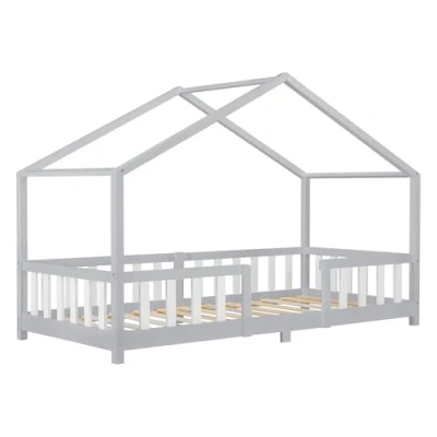 Abbildung von [en.casa] Kinderbett Treviolo Hausbett 140 x 200 cm Holzbett für Kinder mit Rausfallschutz Bettgestell Lattenrost Kiefernholz Grau
