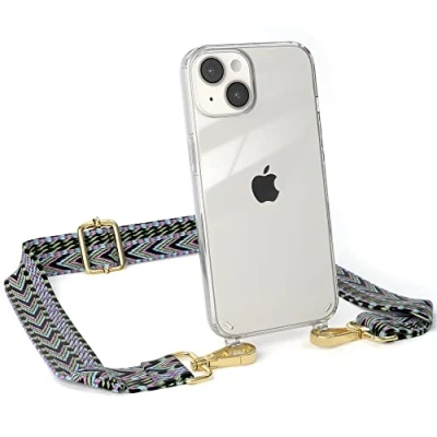 Abbildung von EAZY CASE Handykette Verstellbarer Trageriemen kompatibel mit iPhone 14, Schulterriemen, dünner Riemen, Handykordel Hülle, Schultertasche, Lila/Grün Clip Gold