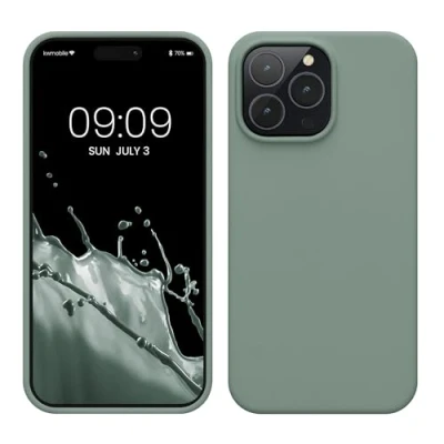 Abbildung von kwmobile Hülle für das iPhone 14 Pro Max dünnes Silikon Handy Case stoßfeste Handyhülle mit weicher Oberfläche unterstützt kabelloses Laden Rainwashed Grün