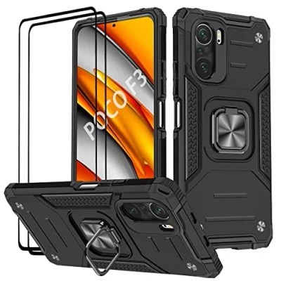 Abbildung von KANSi Hülle kompatibel für Xiaomi Poco F3 ｜ Mi 11i, Schutzfolie [2 Stück] Silikon TPU Hart PC Handy Hüllen 360 Grad Drehbar Ringhalter Bumper Stoßdämpfung Schutzhülle Schwarz