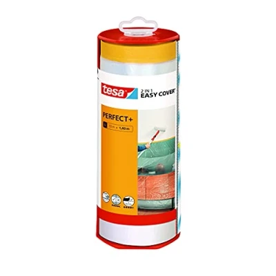Abbildung von tesa Easy Cover Perfect+ Dispenser XL 2in1 Malerfolie mit Washi Kreppband und Abroller für saubere, präzise Schnitte Klingenabdeckung 33m x 1,40 m