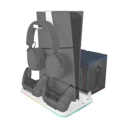 Abbildung von MARSGAMING MPS5 B2, RGB Ständer für PS5 Slim Standard und Digital, 1x Lüfter, Dual Controller Ladestation, mit Neon Beleuchtung, Spiele Organizer + Headset Ständer, Weiß