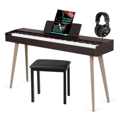Abbildung von McGrey DP 17 WD Design Piano Set 88 gewichtete Tasten mit Hammermechanik und Anschlagdynamik 128 Klänge 600 Begleitrhythmen inkl. Bank, Kopfhörer Klavierschule dunkle Walnuss