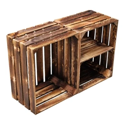 Abbildung von Teramico Holzkisten Obstkisten Weinkisten geflammt dunkel 50 x 40 30cm in tollen Set Angeboten als Regal oder zur Aufbewahrung (2er 1 Boden Kurz)