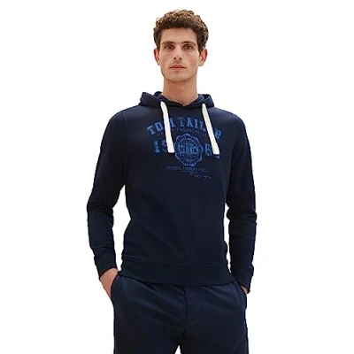 Abbildung von TOM TAILOR Herren 1039896 Basic Hoodie mit Logo Print, 10302 Dark Blue, M