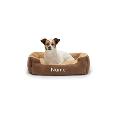 Abbildung von lionto Hundebett mit Wendekissen und Rutschfester Unterseite, Heimtierkissen tiefem Einstieg für Hunde Katzen jeden Alters, 60x48 cm, kuscheliges Hundekissen, braun/beige (Namensaufdruck)