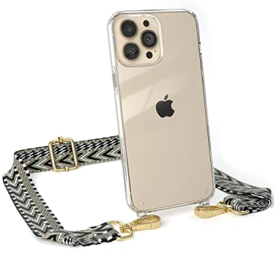 Abbildung von EAZY CASE Handykette Verstellbarer Trageriemen kompatibel mit iPhone 13 Pro Max, Schulterriemen, schmales Band, Handykordel, Riemen für Handyketten, Grün/Schwarz Metall Gold
