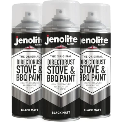 Abbildung von JENOLITE Directorust Grill &amp; Ofen Sprühfarbe Schwarz Matt 3x400ml I Hitzebeständiger Lack Hochtemperatur bis 650C Spray, Ofenlack, Kaminlack, Grillkamin Farbe, Auspufflack mehr