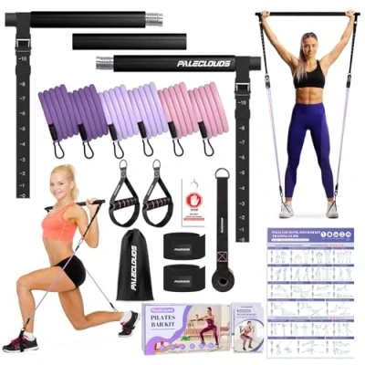 Abbildung von Pilates Stange, Bar Set mit 3 Paar Widerstandsbänder(20/25/30Lbs), Metall Einstellung Schnalle &amp; Ausbildung Poster, Skulptur Fitness Stange for Home Gym Workout Equipment(Frauen)