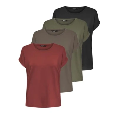 Abbildung von ONLY Damen ONLMOSTER 4 Pack S/S TOP (Spiced Apple, Dark Grey Melange, Caribou und Kalamata), XL