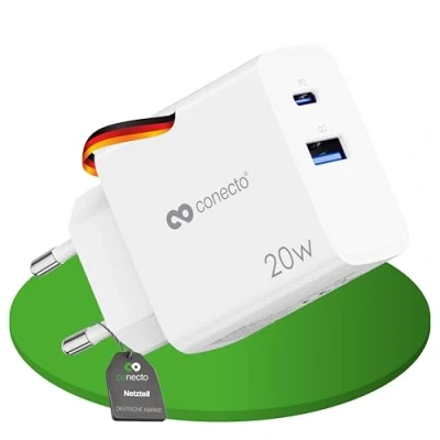 Abbildung von conecto USB C Ladegerät, 2 Port Mehrfach Adapter, Netzteil 20 Watt Schnellladegerät kompatibel mit Apple iPhone 15, Samsung, Tablet, Laptop UVM, PD QC Charger, Weiß