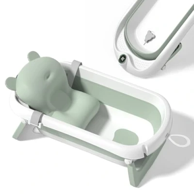 Abbildung von Faltbare Babybadewanne mit rutschfestem Badekissen/Badewanne XXL Thermometer zur Kontrolle der Wassertemperatur / 3 Stufen Badewanne Ab Geburt bis 2 Jahre 5 Plastikbälle gratis (GREEN)