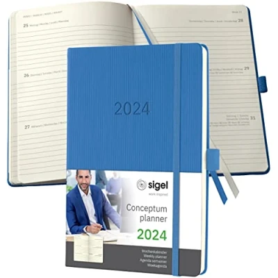 Abbildung von SIGEL C2468 Terminplaner Wochenkalender 2024, ca. A5, blau, Hardcover, 192 Seiten, Gummiband, Stiftschlaufe, Archivtasche, PEFC zertifiziert, Conceptum