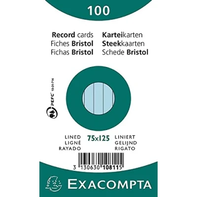 Abbildung von Exacompta 10811X 100er Pack Karteikarten liniert 7,5 x 12,5 cm in Folie eingeschweißt ideal für die Schule und Universität zum Lernen blau