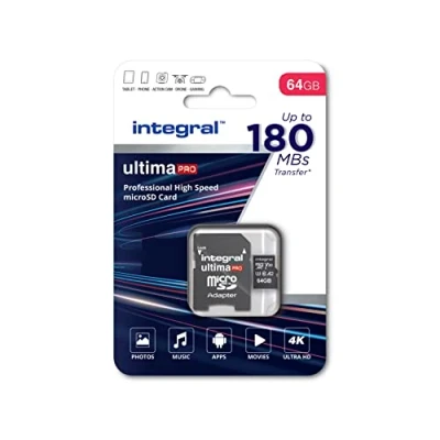 Abbildung von Integral 64 GB Micro SD Karte 4K Video Lesegeschwindigkeit 180 MB/s und Schreibgeschwindigkeit 150 MicroSDXC A2 C10 U3 UHS I V30 Unsere schnellste High Speed Speicherkarte