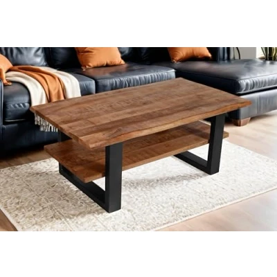 Abbildung von SAM Couchtisch 115x65 cm Patrick, Sofatisch/Beistelltisch mit Ablage, Mangoholz massiv, honigfarben lackiert, U Metallgestell schwarz, echte Baumkante