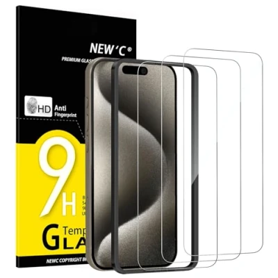 Abbildung von NEW&#039;C 3 Stück, Panzer Schutz Glas für iPhone 15 Pro Max (6,7 Zoll), Frei von Kratzern, 9H Härte, HD Displayschutzfolie, Ultra klar, Ultrabeständig Einfaches Installationswerkzeug enthalten