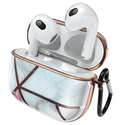 Abbildung von EAZY Case Schutzhülle für AirPods 3 Hülle Pink Hard Stoßfest mit Karabiner geeignet als Schlüsselanhänger Antikratz Etui rutschfest Hardcase Airpod 3. Generation in Rosé Marmor Design