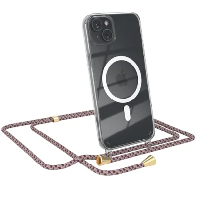 Abbildung von EAZY CASE Handykette kompatibel mit iPhone 15 Plus Kette zum Umhängen Stoßfest Handyhülle für Silikon Hülle Band Handytasche Transparent als Fallschutz in Rot Camouflage