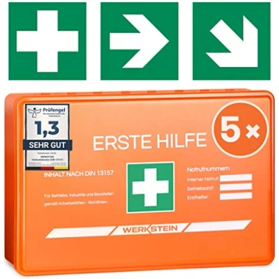 Abbildung von 5x Erste Hilfe Kasten DIN 13157:2021 Small Inkl. praktischer Wandhalterung, 3x Aufkleber, Gesichtsmasken &amp; Feuchttücher Verbandskasten 13157 für Betriebe, Einrichtungen Zuhause