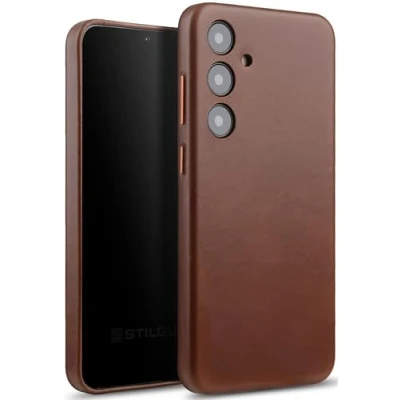 Abbildung von STILGUT Cover kompatibel mit Samsung Galaxy S24 Plus Case aus Leder Tasten &amp; Kameraeinfassung Metall Cognac