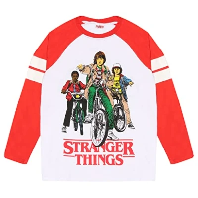 Abbildung von Popgear Stranger Things Mike, Dustin und Lucas Langarm Raglan, Adultes, S 5XL, Weiß Rot, Offizielle Handelsware