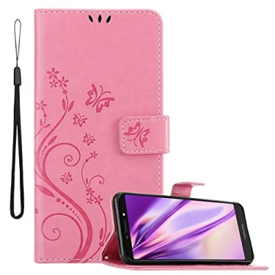 Abbildung von Cadorabo Hülle kompatibel mit Motorola Moto E5 Plus Blumen Design aus Kunst Leder Flip Klappbare Magnetische [Standfunktion] [Kartenfächern] Cover für Tasche in Rosa