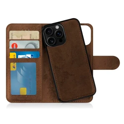 Abbildung von MyGadget Flip Case für iPhone 16 Pro [ abnehmbare Magnet Hülle ] Handyhülle aus Kunstleder Klapphülle mit Kartenfach Schutzhülle in Braun