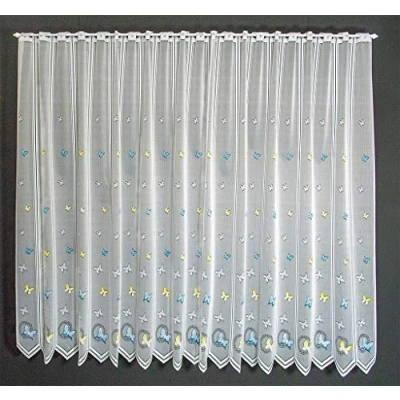 Abbildung von Scheibengardine Schmetterlinge 120 cm hoch weiß mit blau/gelb Wunschbreite frei wählbar durch gekaufte Menge in 12 Schritten Meterware