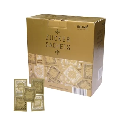 Abbildung von Hellma Zucker Sachets Goldline 750 Stk. je 3,6 g kg Vorrats Box Zuckertütchen einzeln, für Kaffee oder Tee