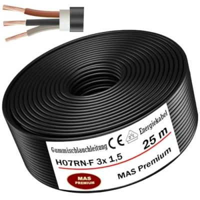 Abbildung von MAS Premium 5 100m Gummischlauchleitung Energiekabel Baustellenkabel H07RN F 3G 1, 1,5, 2,5, 4, 6, 10 oder 3x 1,5 Flexibel Leitung für schweren Geräten (H07RN 3x1,5 mm², 25m)