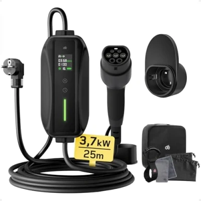 Abbildung von dé Ladekabel Typ 2 Schuko 3,68kW[1 phasig, 25m, 6 16A] EV Chargers mit Steuerbarer Digitalanzeige für Elektroauto, e Auto Model 3/Y, ID.3, ID.4, ID.5, MG4, Q4, Gla und Anderen PHEV/EV