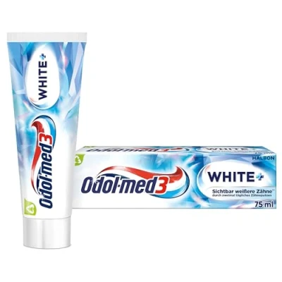 Abbildung von Odol med3 White+ Zahnpasta, klinisch getestete Fluorid Zahncreme, reinigt und entfernt Verfärbungen, für sichtbar weißere Zähne**, 75ml