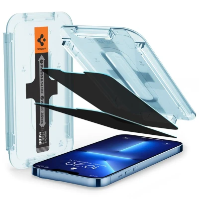 Abbildung von Apple iPhone 13 Pro Max Panzerglas Spigen GLAStR Privacy Fit Screenprotector + Applikator EZ Displayschutzfolie Applicator