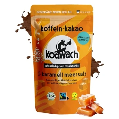 Abbildung von koawach Karamell + Meersalz Kakaopulver Trinkschokolade Koffein Kakao Guarana Vegan heiße Schokolade Getränk weniger Zucker Backkakao Bio Fairtrade 500g