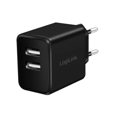 Abbildung von LogiLink PA0210 Fast Charging USB Steckdosenadapter (2x A, 12W) für Smartphones/Tablets/MP3 MP4 Player/eBooks/Navi/etc. mit Überlade , Tiefentlade Überlast und Kurzschlussschutz, schwarz