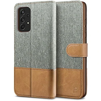 Abbildung von BEZ Samsung A52s 5G Hülle, Tasche Kompatibel für Galaxy A52 / A52s, Handyhülle aus Klappbar mit Kreditkartenhaltern, Ständer, Magnetverschluss, Grau