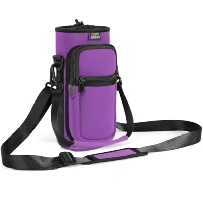 Abbildung von Nuovoware Flaschenhalter Trinkflasche Molle Beutel 25oz/710ml, Isolierte Neopren Kessel mit Schultergurt und Front Reißverschluss Tasche für Wandern Laufen Radfahren Jagd Reisen, Lila