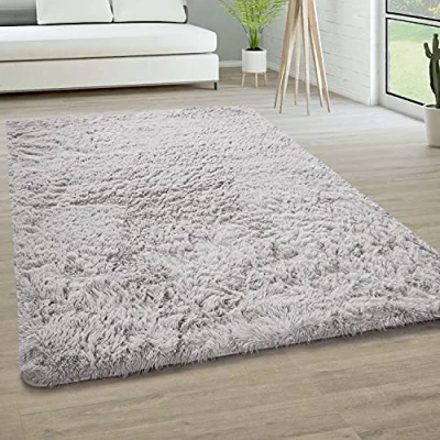 Abbildung von Paco Home Hochflor Teppich Wohnzimmer rutschfest Fellteppich Shaggy Flauschig Weich Modern Kunstfell Fell Imitat Einfarbig, Grösse:200x290 cm, Farbe:Silber