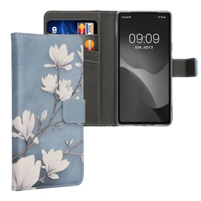 Abbildung von kwmobile Wallet Case kompatibel mit Google Pixel 7a Hülle Cover Ständer und Kartenfächern Magnolien Taupe Weiß Blaugrau