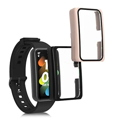 Abbildung von kwmobile 2X Cover kompatibel mit Honor Band 7 / 6 Huawei Hülle Fullbody Fitnesstracker Case Set aus Glas Schwarz Vintage Pink
