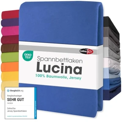 Abbildung von CelinaTex Jersey Spannbettlaken Lucina Doppelpack 90x200 100x200cm royal blau 100% Baumwolle gekämmt bis 26cm Matratzenhöhe Spannbettbezug, Leintuch, Bettlaken, elastisch, Strech, Oeko Tex